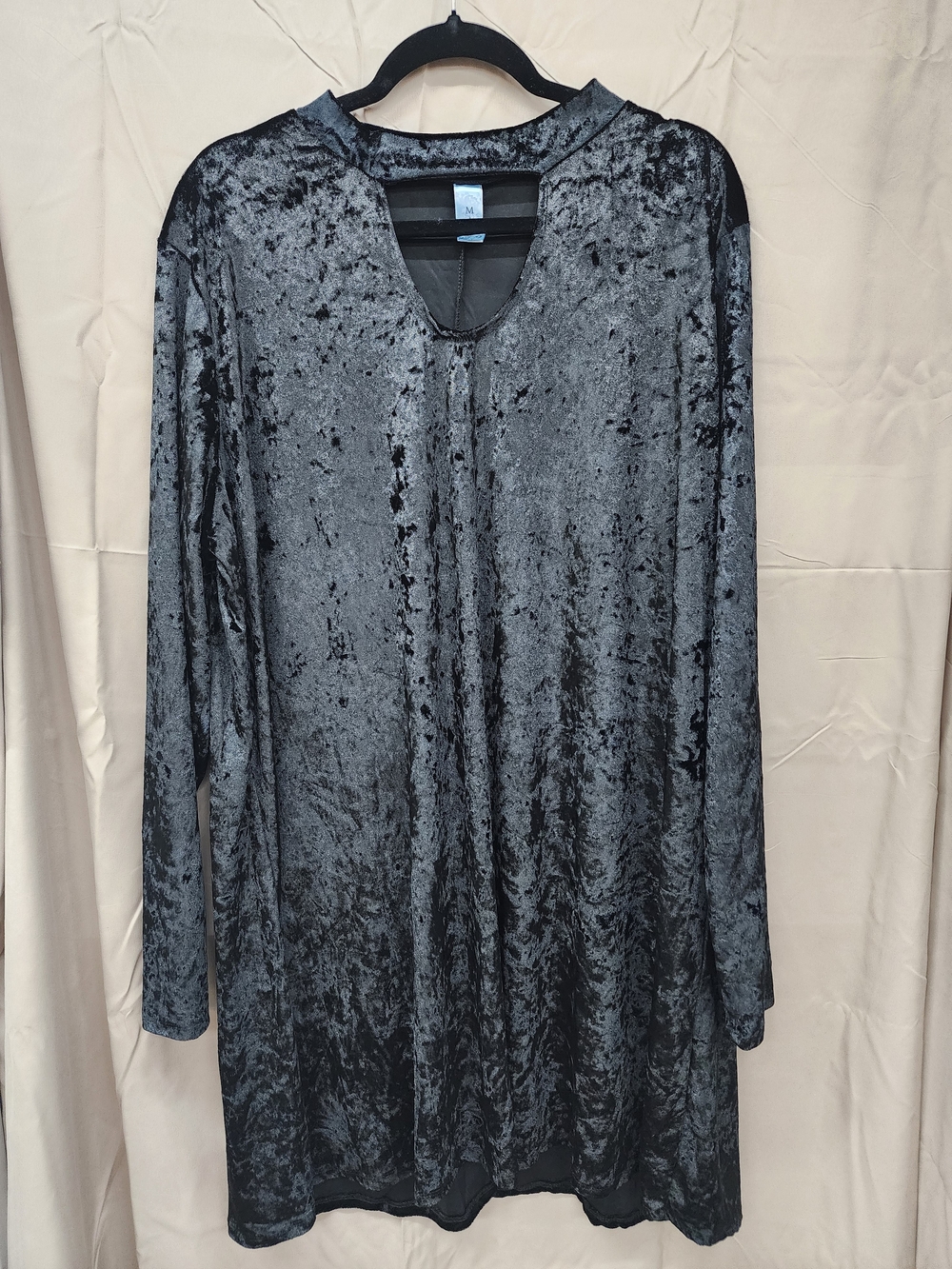 Crushed Velvet Long Sleeve Tunic Dress - Black